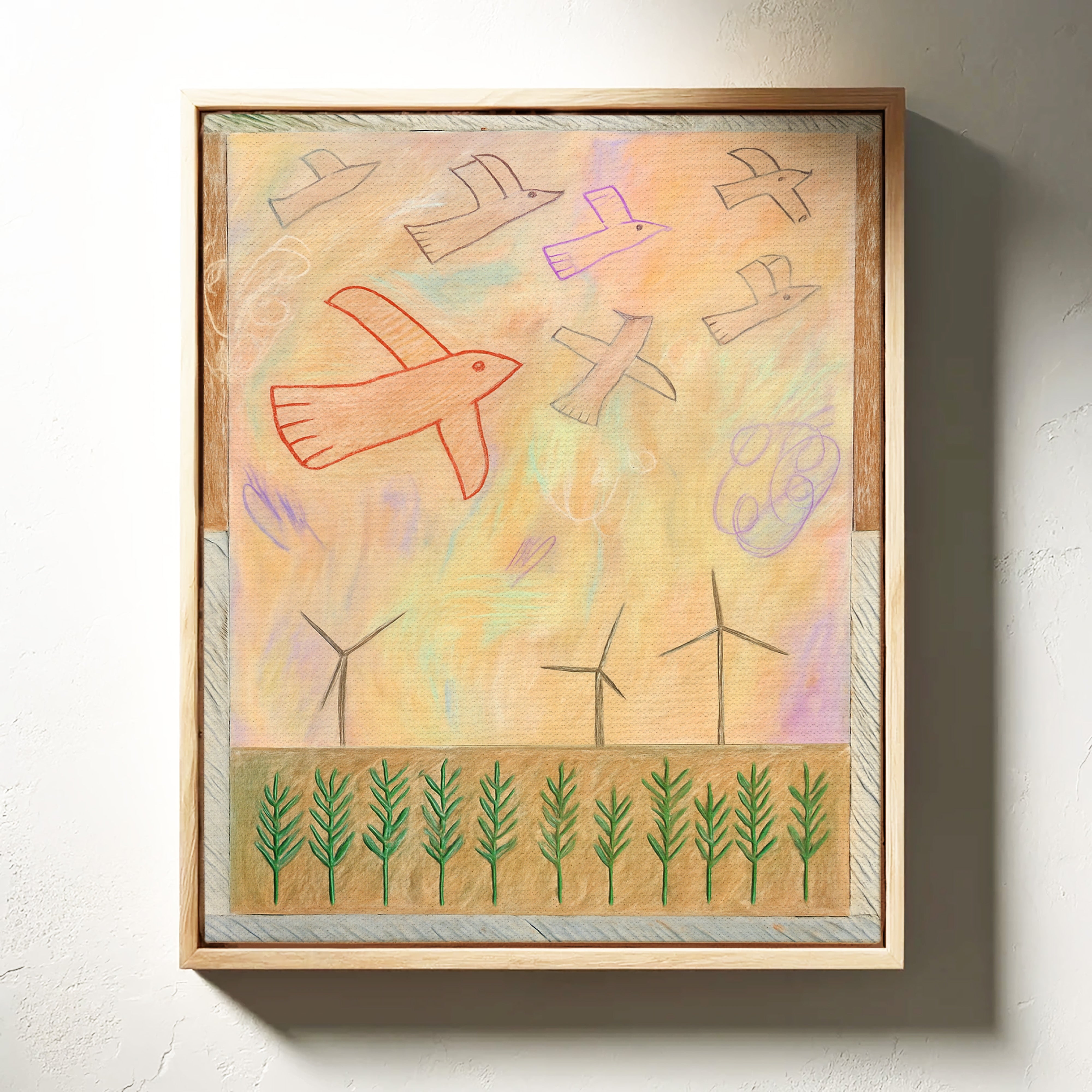 Red Bird Soars Above Wind Fields