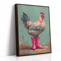 Rooster Struts In Pink Boots