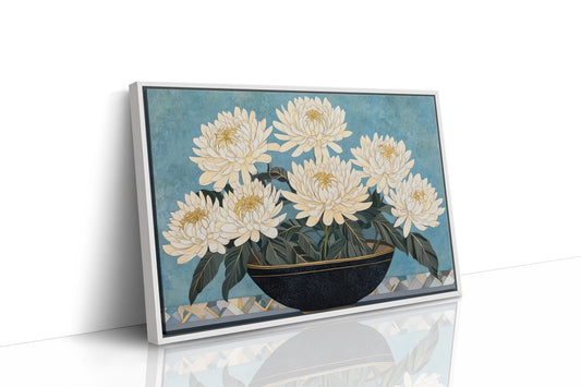 White Chrysanthemums Meet Midnight Bowl