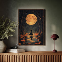 Witch Under Full Moon Art Print - Enchanting Autumn Scene - Gallery Canvas image 3