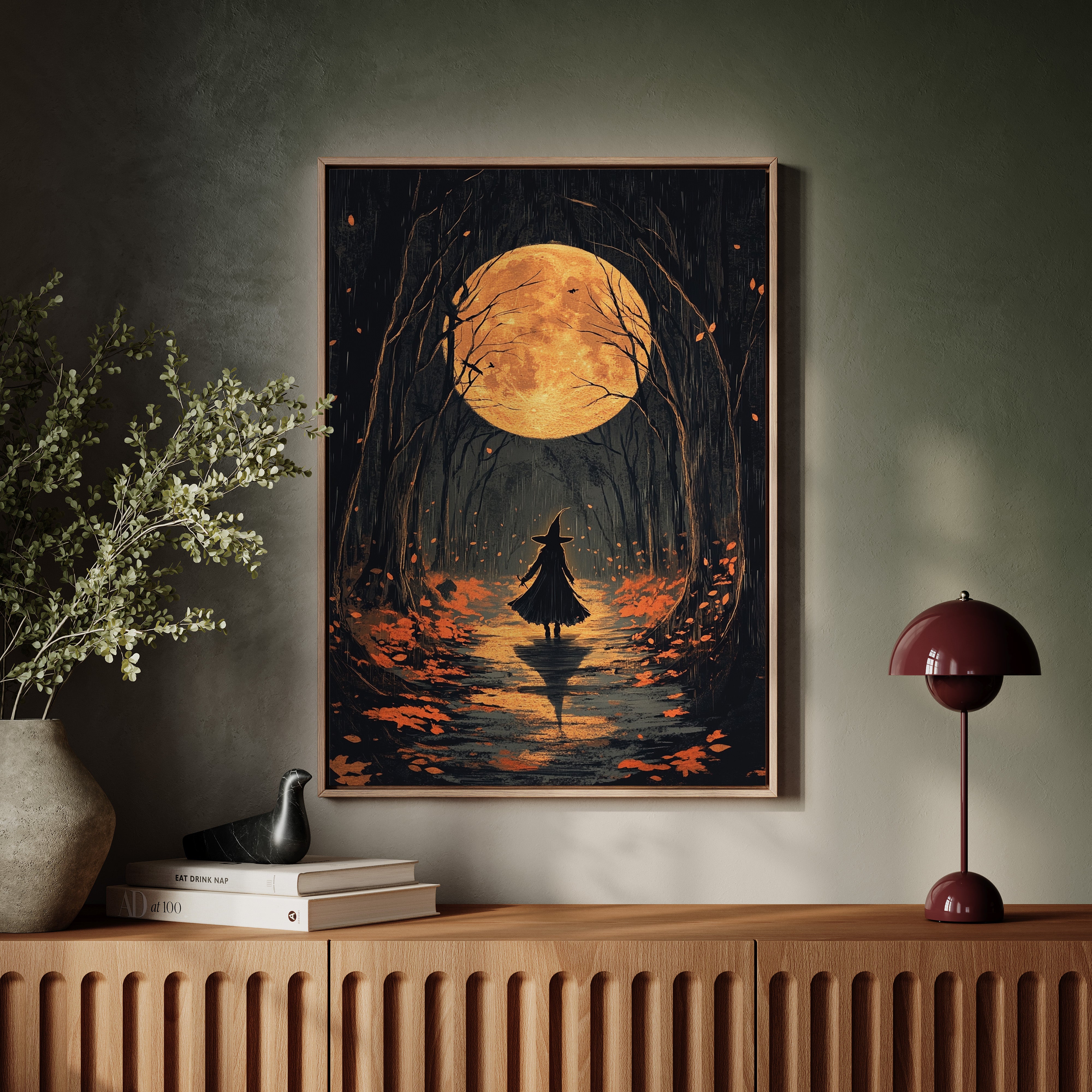 Witch Under Full Moon Art Print - Enchanting Autumn Scene - Gallery Canvas image 3