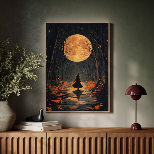 Witch Under Full Moon Art Print - Enchanting Autumn Scene - Gallery Canvas image 3