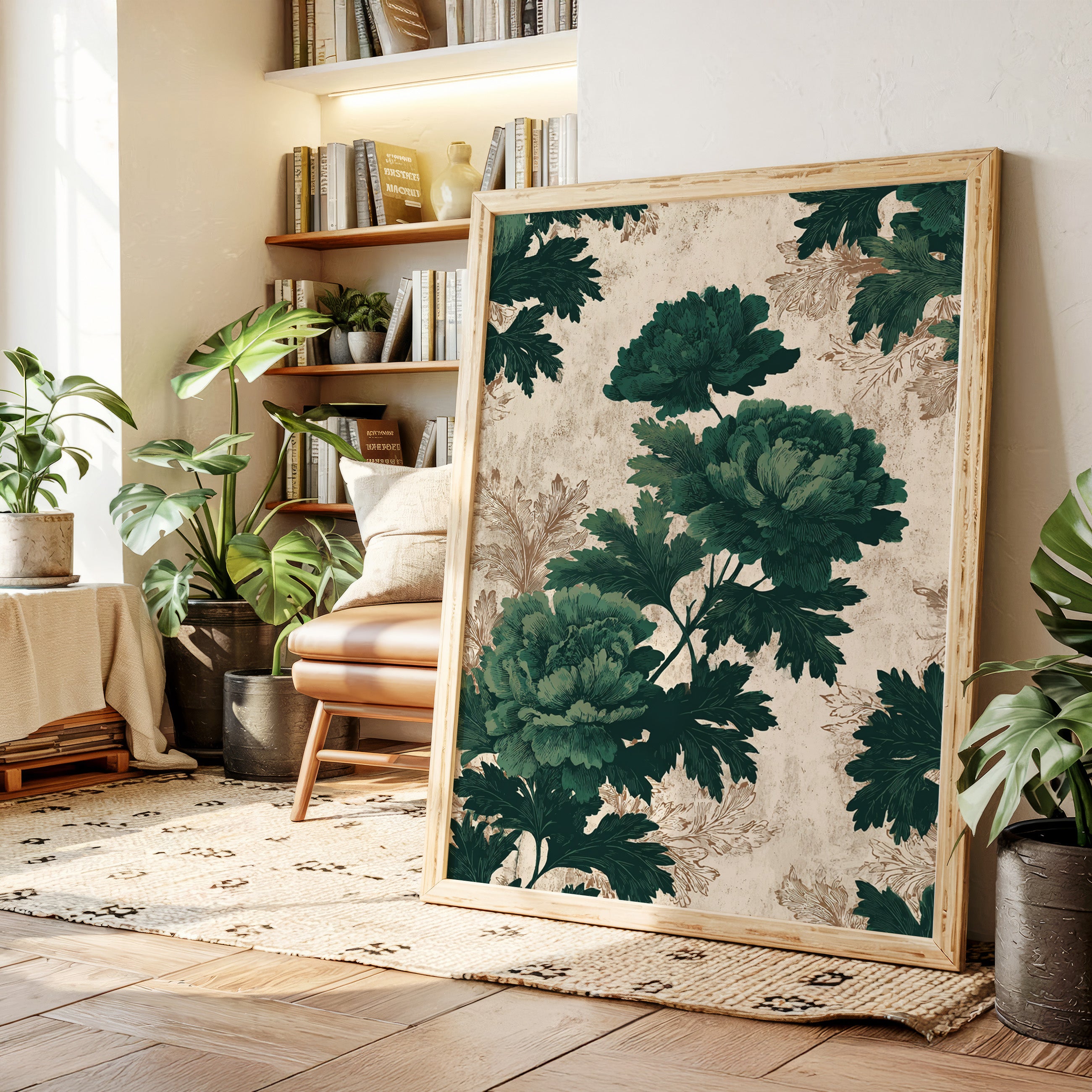 Emerald Blooms on Rustic Canvas