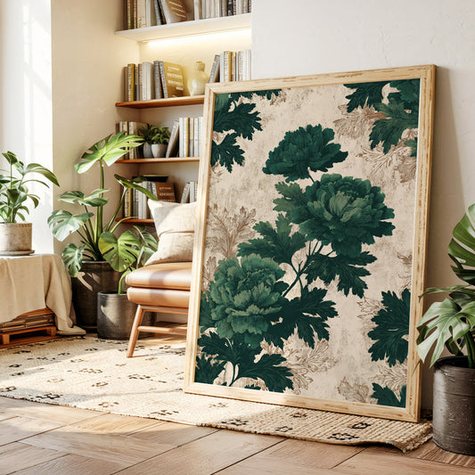Emerald Blooms on Rustic Canvas