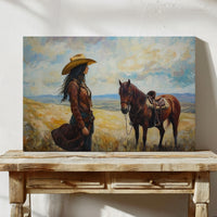 Cowgirl and Her Mustang on the Open Range