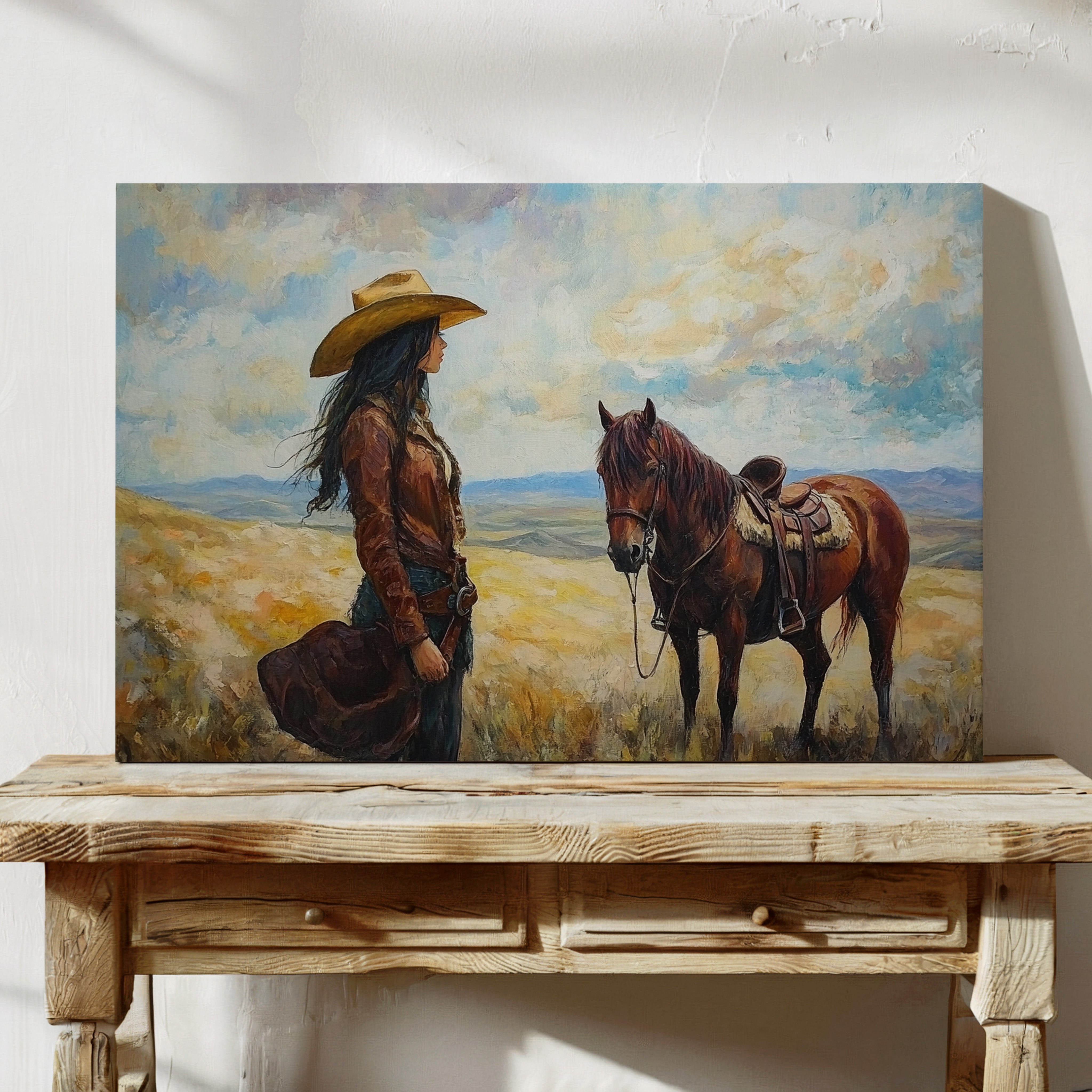 Cowgirl and Her Mustang on the Open Range