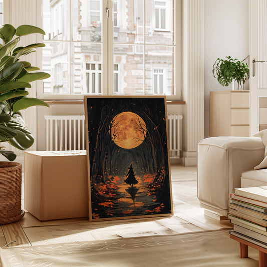 Witch Under Full Moon Art Print - Enchanting Autumn Scene - Gallery Canvas image 13