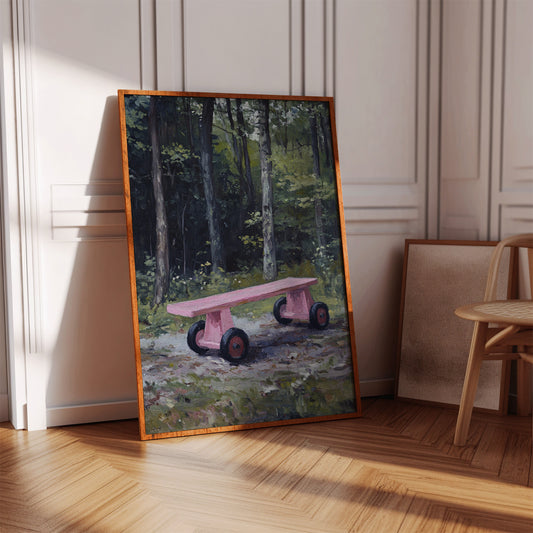 Pink Bench Rests In Forest Shade