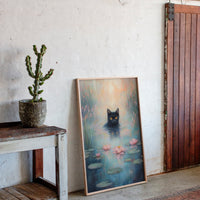 Mystical Black Cat in Water – Dreamy Water Lily Painting