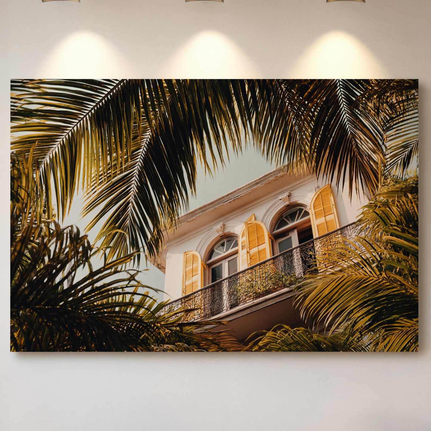 Golden Shutters Behind Palm Veils