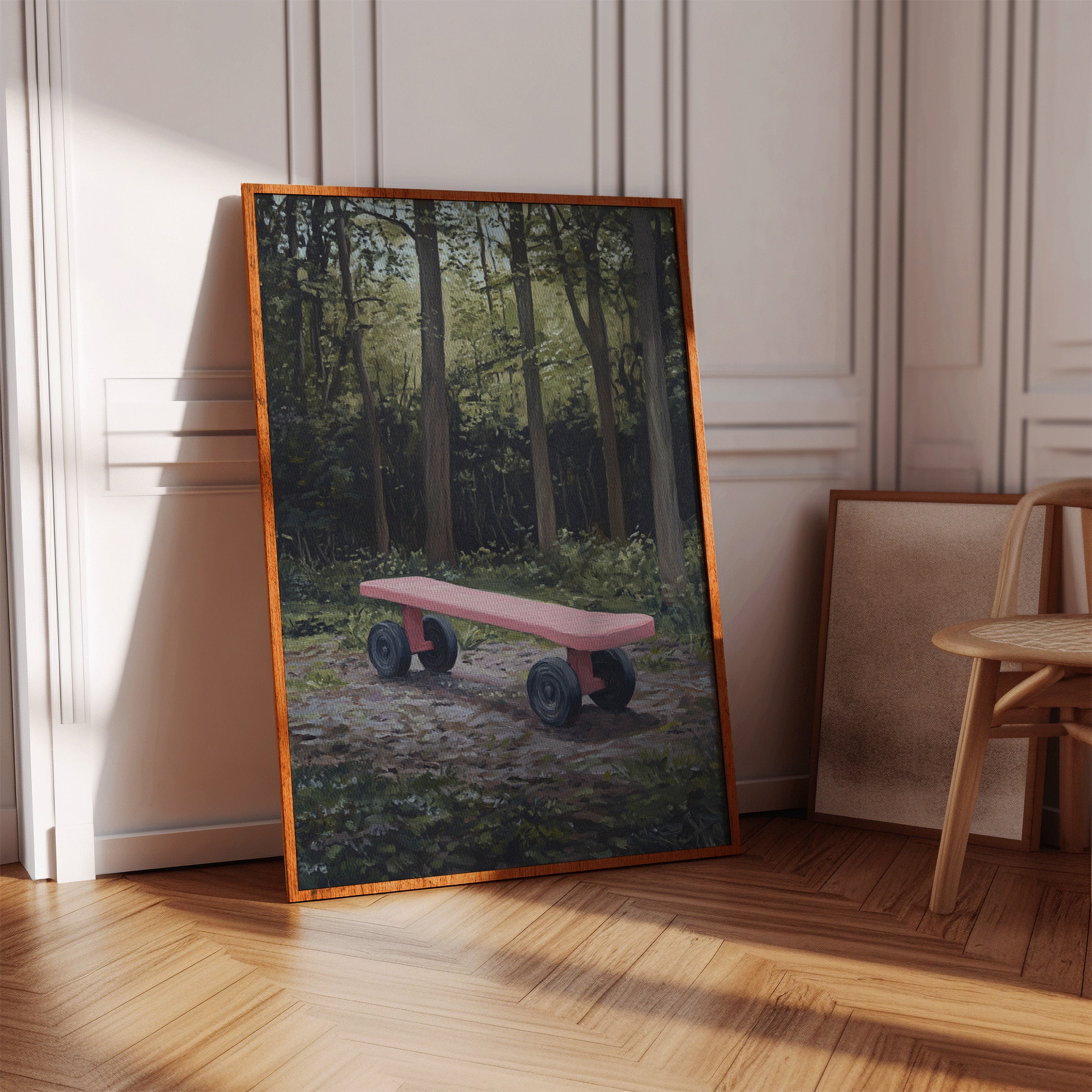 Pink Bench Waits In Forest Shade