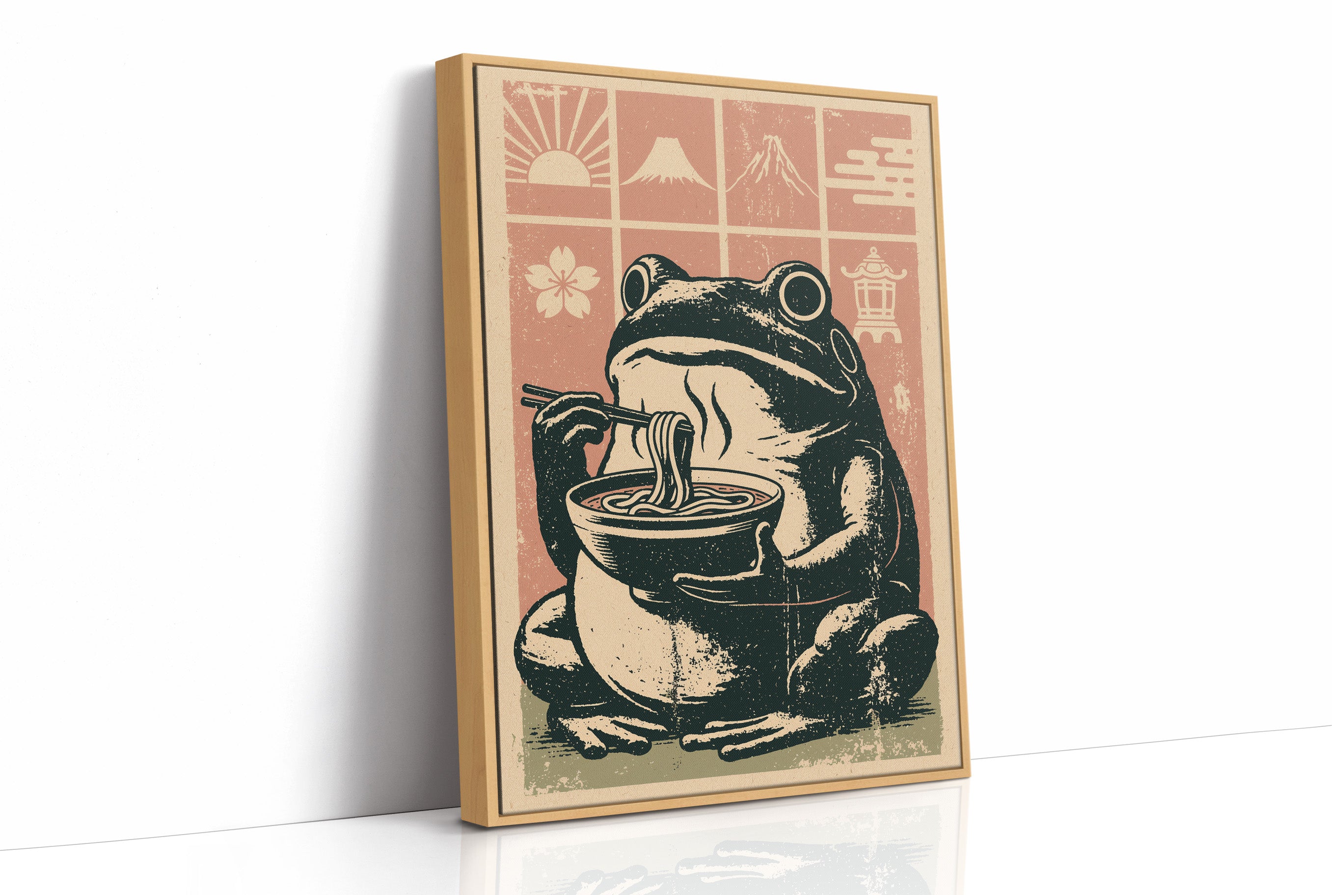 Steamy Ramen Toad: A Woodblock Frog's Slurp