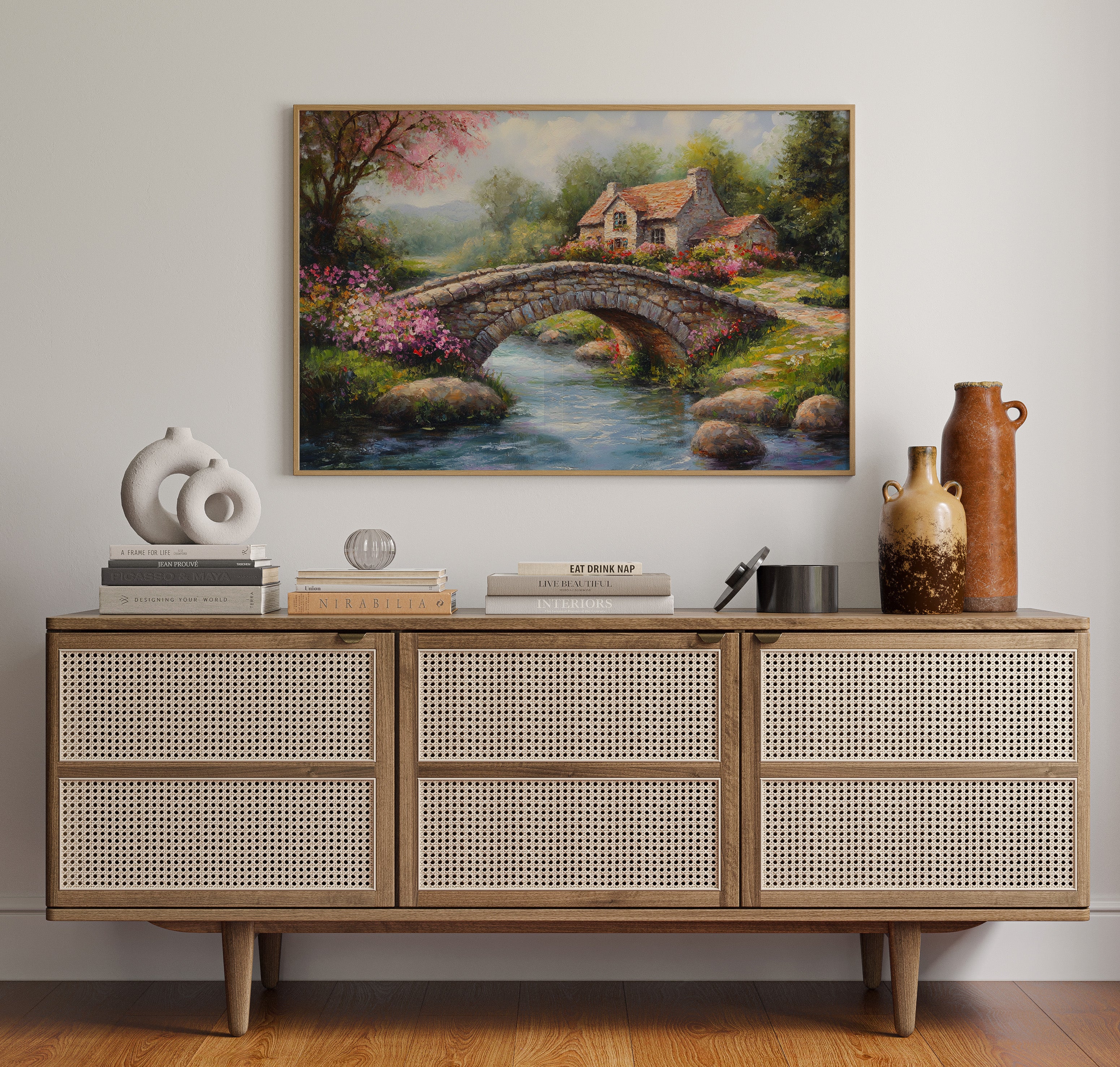 Roses Bloom By Ancient Stone Bridge