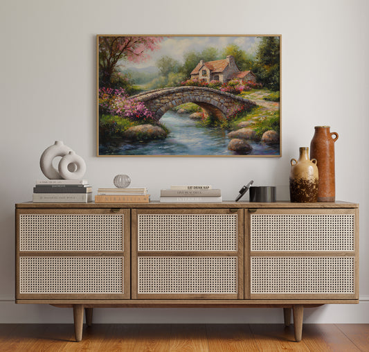 Roses Bloom By Ancient Stone Bridge