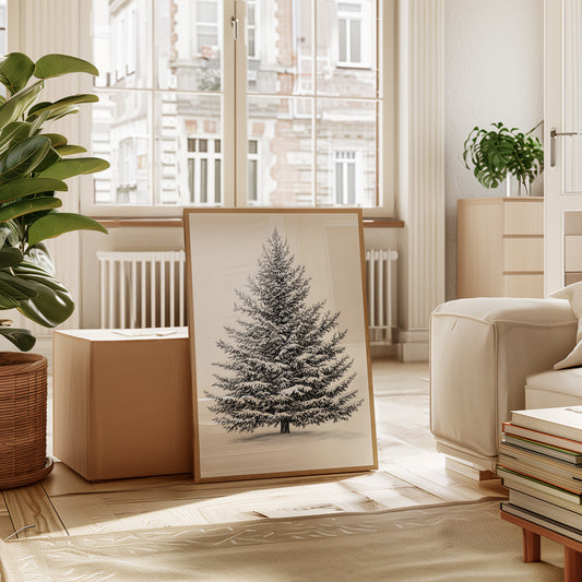Snow-Covered Pine Tree Drawing - Winter Botanical Art - Gallery Canvas image 7