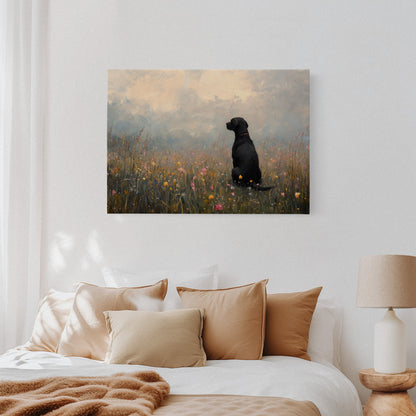 Serene Black Lab in Wildflowers – Rustic Dog Art Print