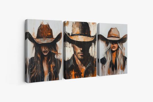 Under the Brim, Western Cowgirl and Cowboy Wall Art Set of 3, Framed Canvas Triptych
