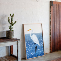 White Egret in Snowfall – Elegant Minimalist Bird Wall Art
