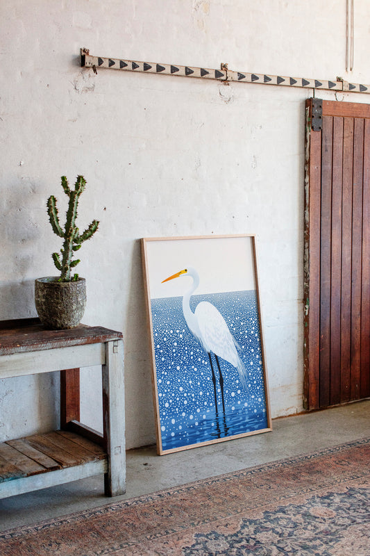 White Egret in Snowfall – Elegant Minimalist Bird Wall Art