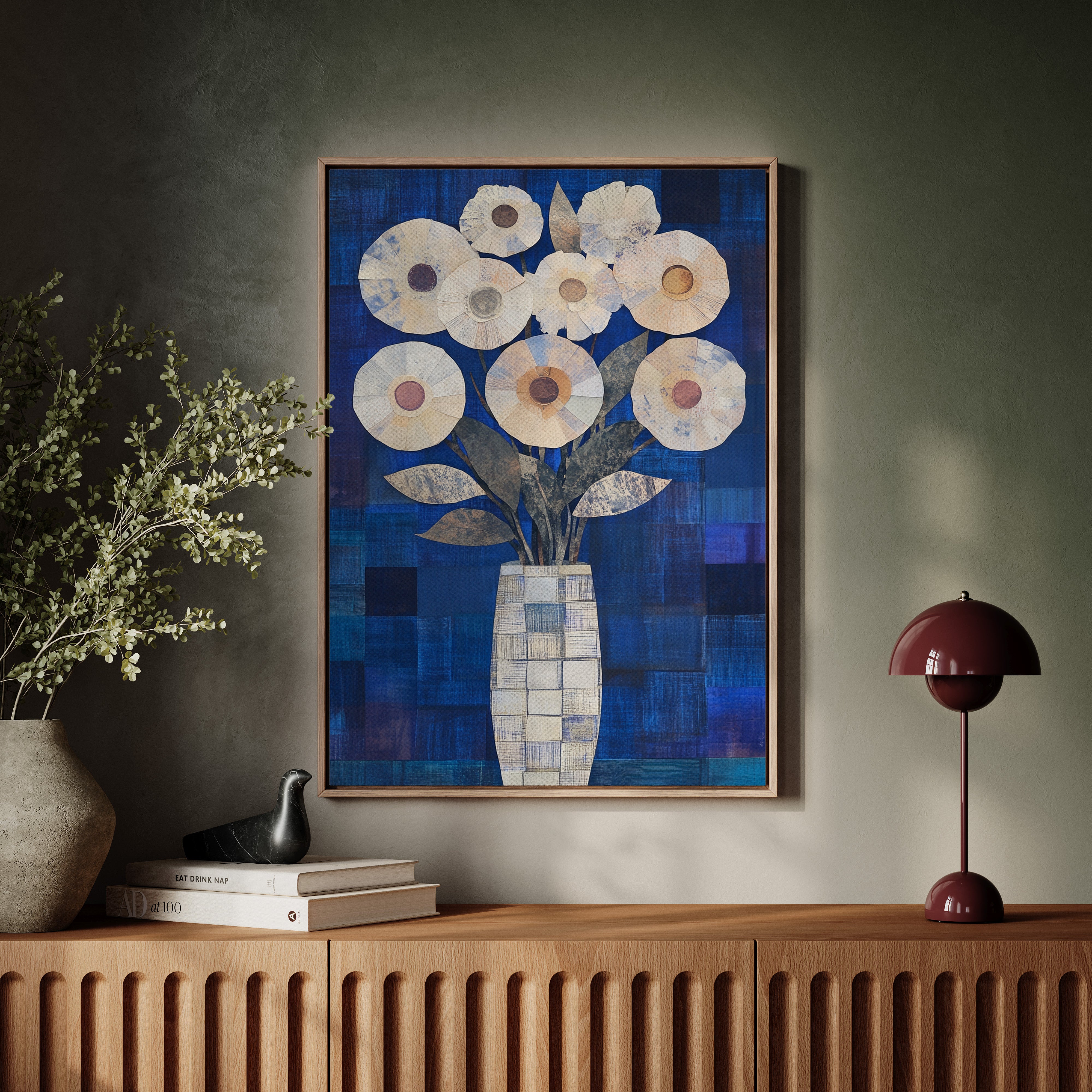 Moonlit Daisies In Checkered Vase