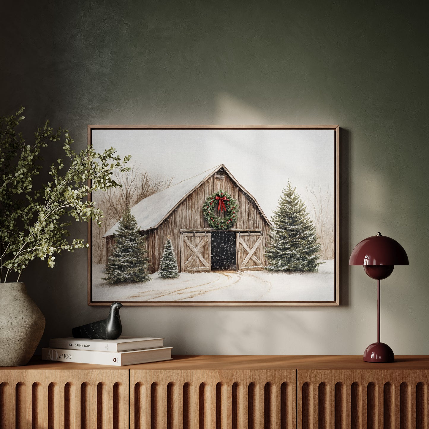 Rustic Christmas Barn – Cozy Winter Farmhouse Wall Art Print