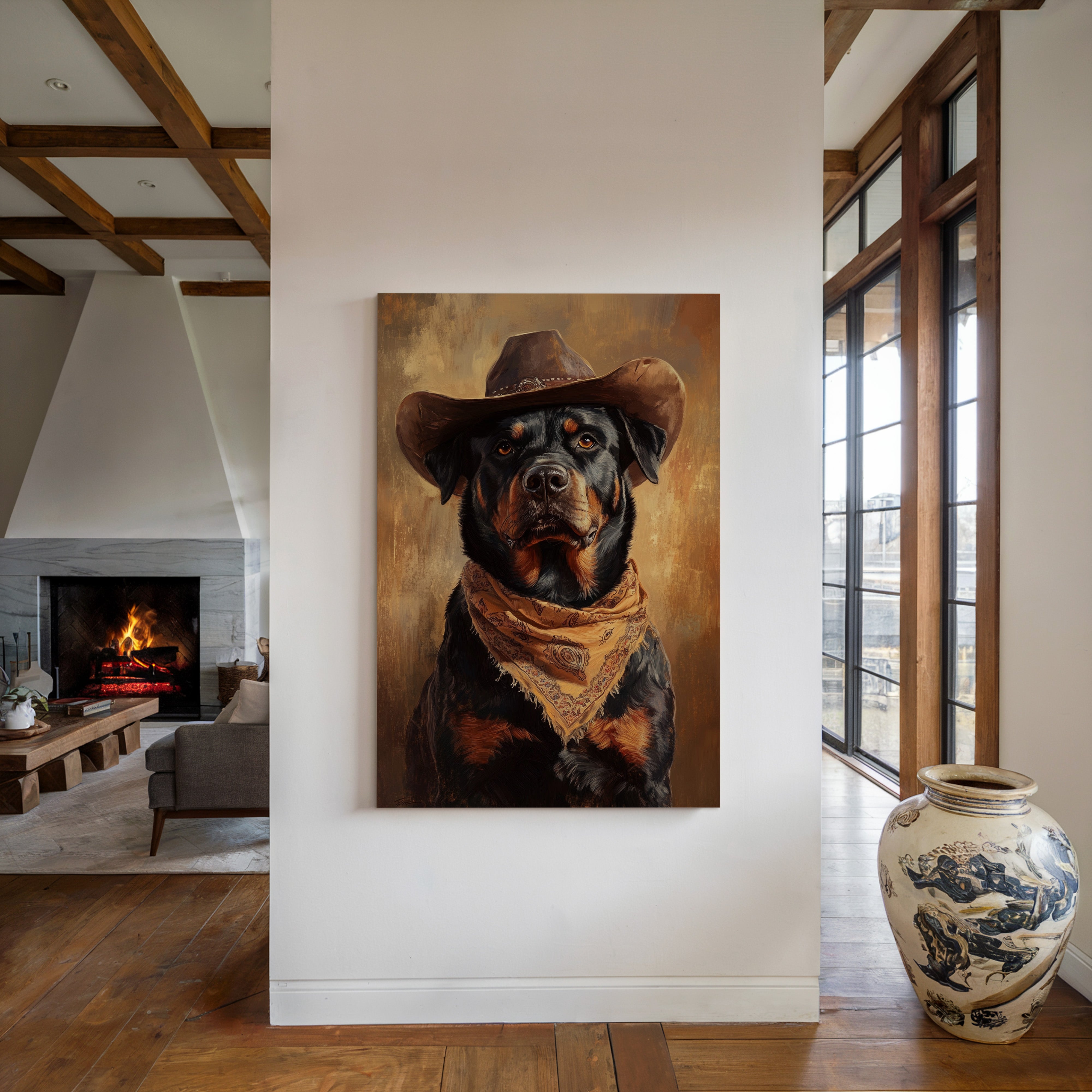 Western Cowboy Rottweiler Print – Rustic Wild West Dog Art