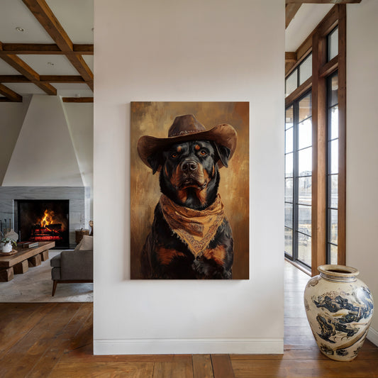 Western Cowboy Rottweiler Print – Rustic Wild West Dog Art