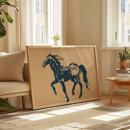 Wild Horse Silhouette Art – Western Mustang Wall Decor in Navy & Beige