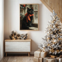 Midnight Cat Wears Holiday Ribbons
