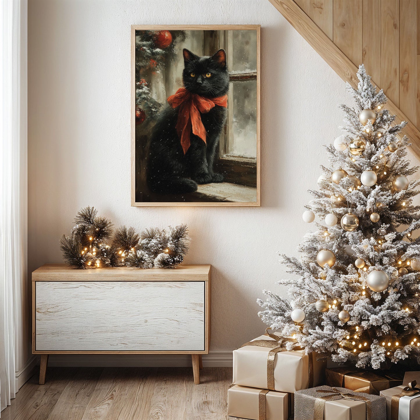 Midnight Cat Wears Holiday Ribbons