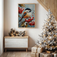 Winter Songbird Among Holly Berries