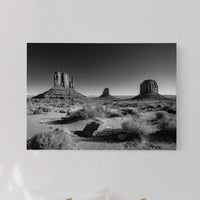 Desert landscape print on a wall above a bed with pillows and a lamp.