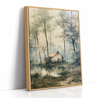 The Weathered Cottage: Misty Woodland Reflection