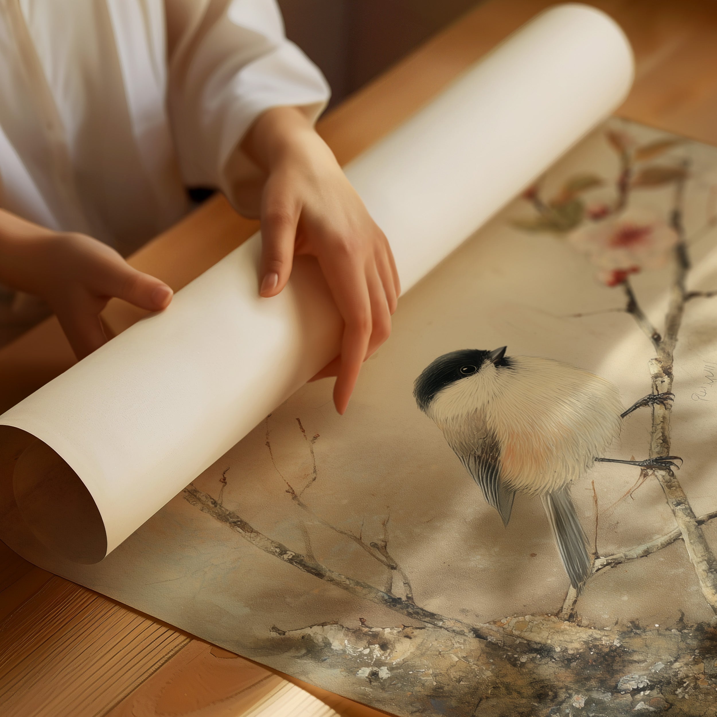 Little Bird Meets Cherry Blossom Spring