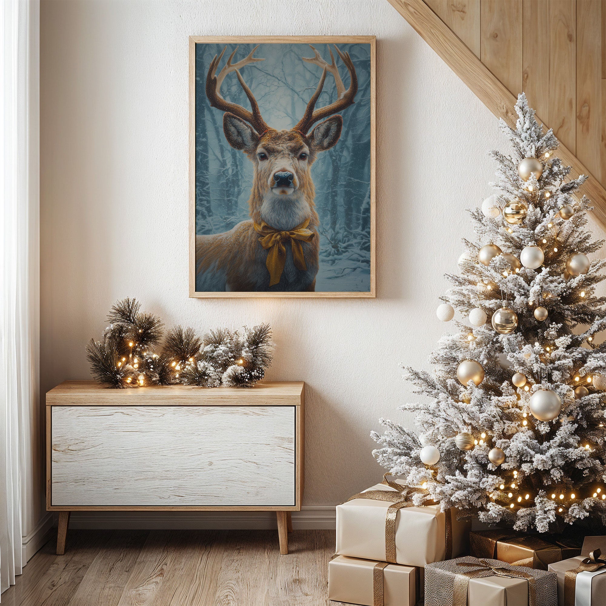 December's Stag Wears Golden Ribbon