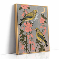 Greenfinches Beneath a Crescent Moon