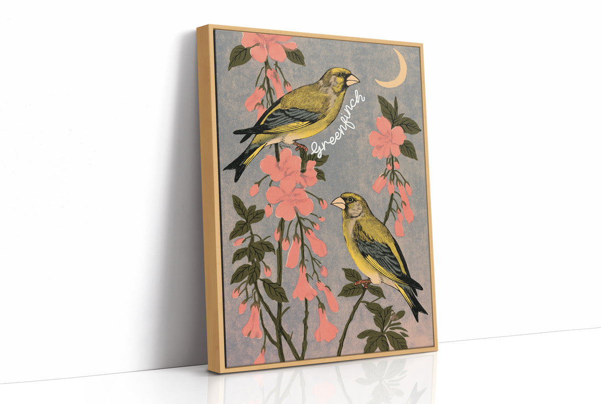 Greenfinches Beneath a Crescent Moon