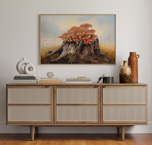 Red Mushrooms Crown Ancient Stump
