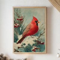 Crimson Wings Against Winter Pine