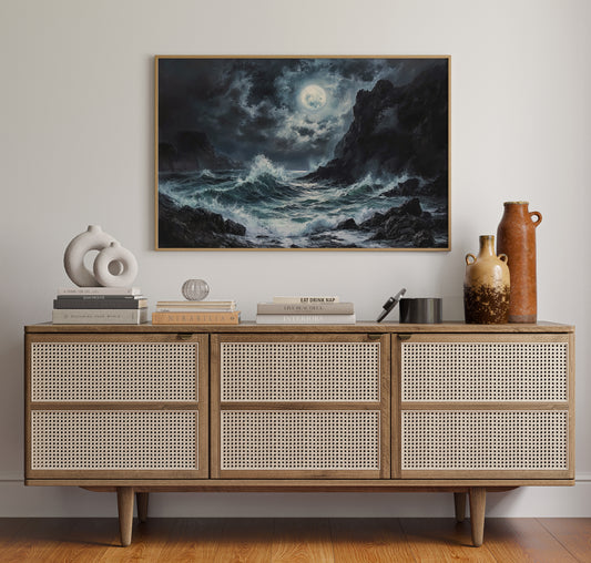 Moonlit Waves Break Against Cliffs