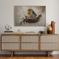 Winter Robin Perches Among Holly