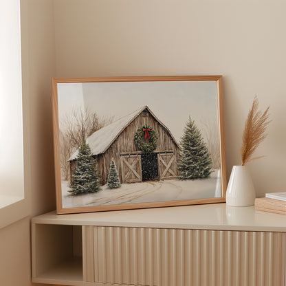 Rustic Christmas Barn – Cozy Winter Farmhouse Wall Art Print