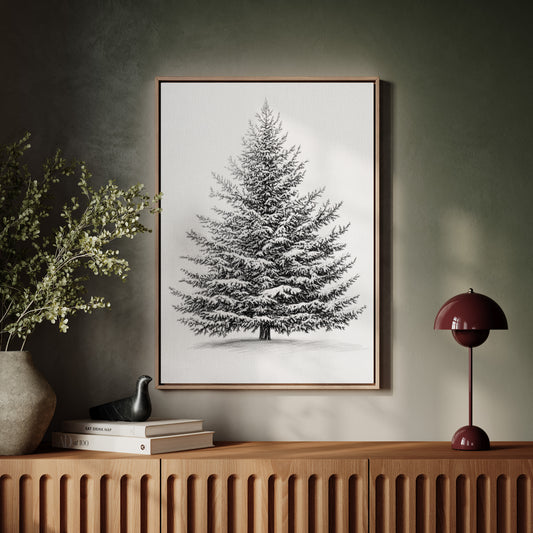 Snow-Covered Pine Tree Drawing - Winter Botanical Art - Gallery Canvas image 8