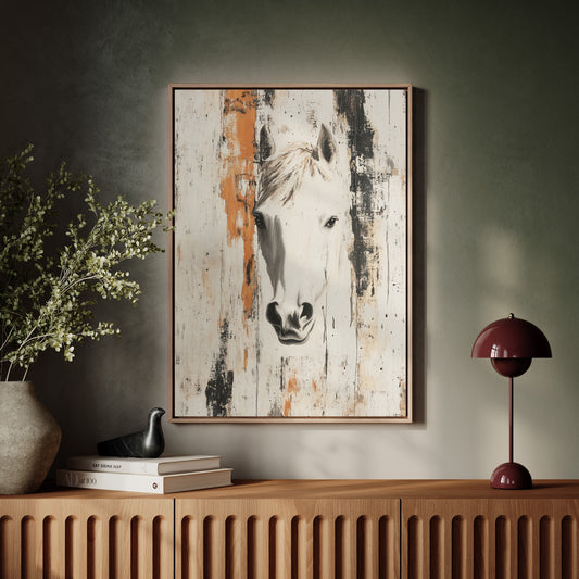 White Horse Against Rustic Planks