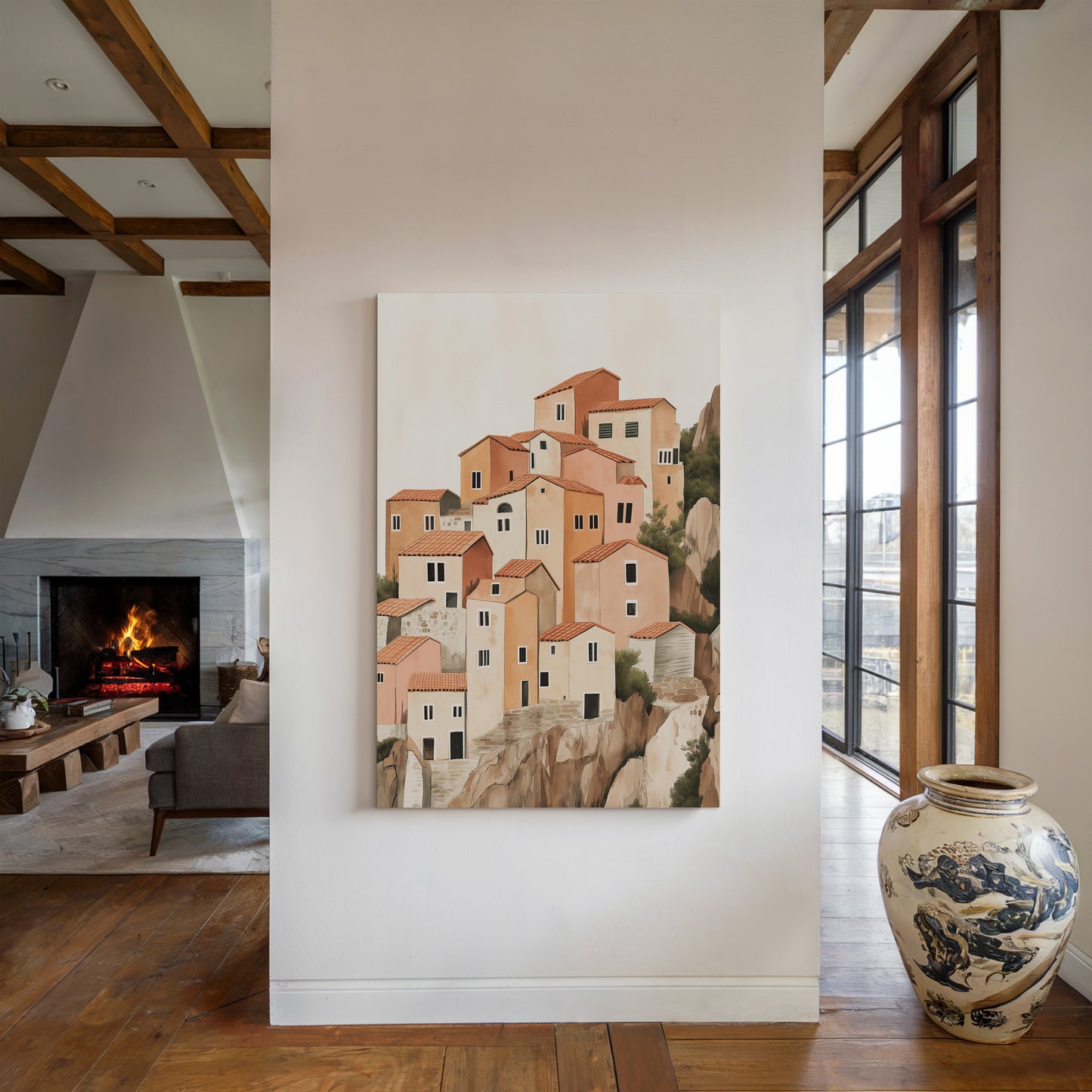 Sunlit Cliffside Village in Warm Earth Tones