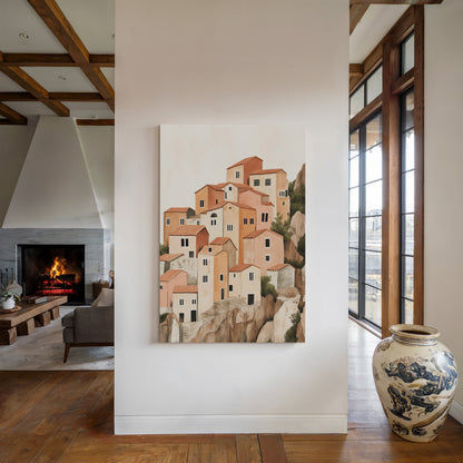 Sunlit Cliffside Village in Warm Earth Tones