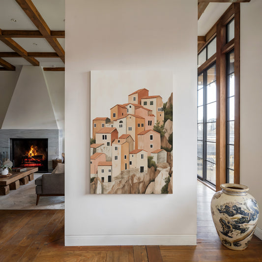 Sunlit Cliffside Village in Warm Earth Tones