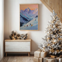 Skiers Chase Alpine Sunset Colors