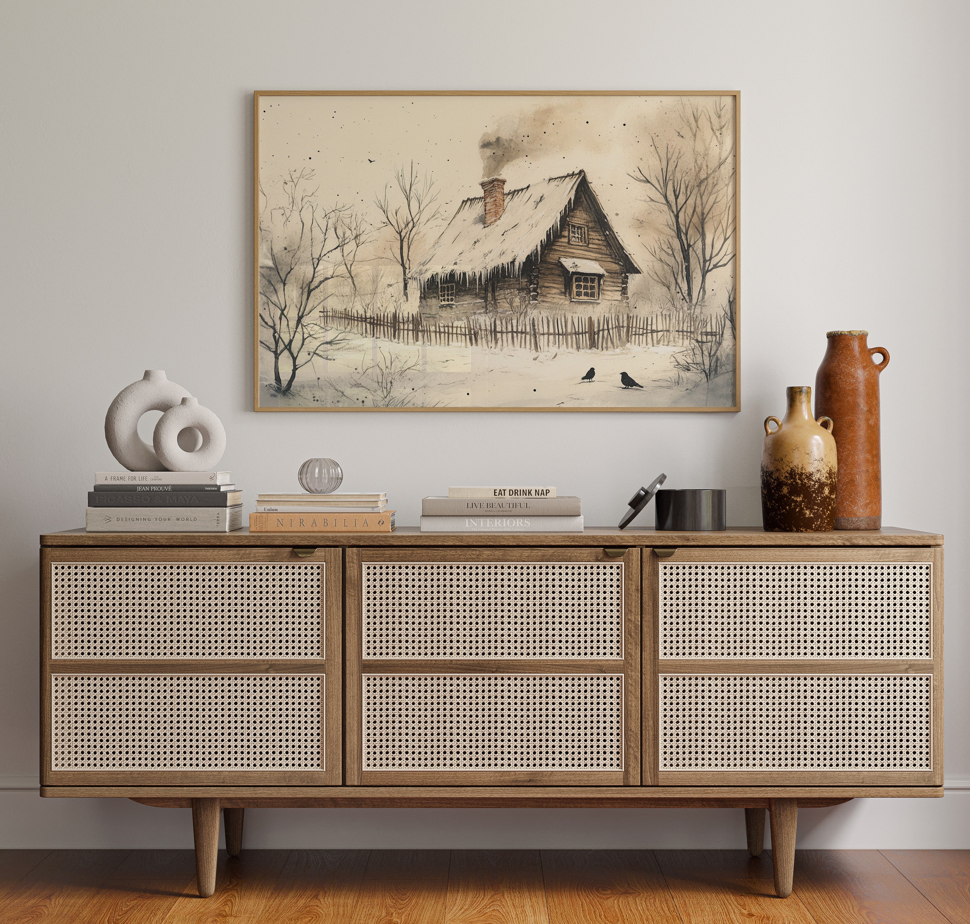 Winter Ravens Guard Frosted Cabin