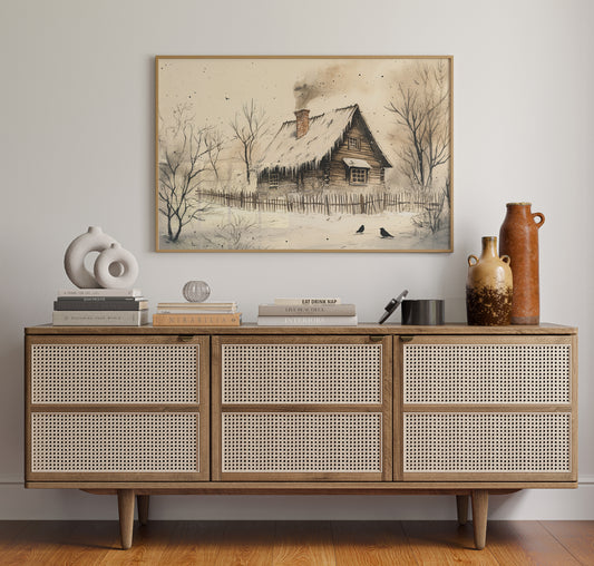 Winter Ravens Guard Frosted Cabin
